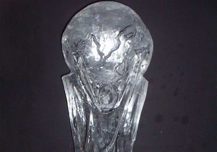 Picture of an ice sculpture of the world cup